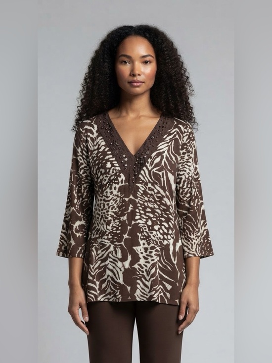 Avon Tops - Vintage AVON Animal Print V-Neck Tunic M 20” p2p Brown/White EUC